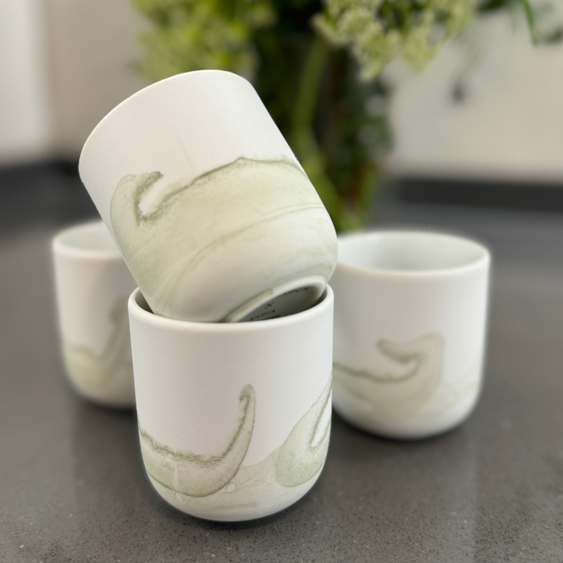 Juego de 4 tazas tipo cuenco para cafe de porcelana diseño Verde